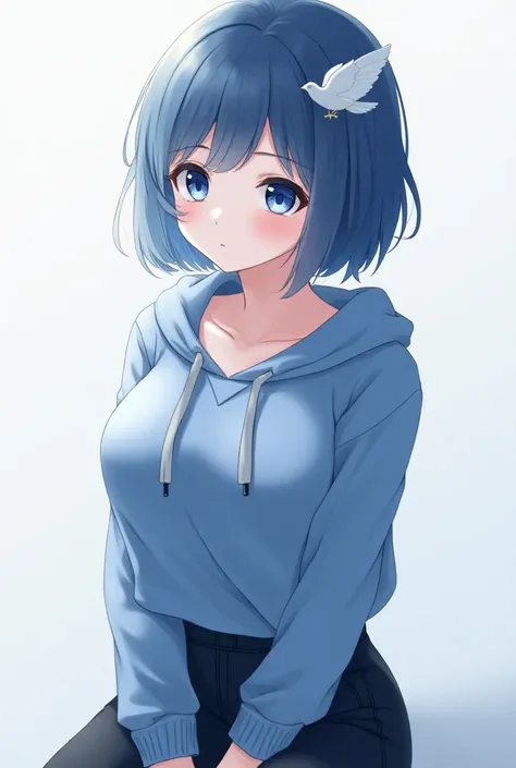 Indigo Hair, short hair with a perm ,Blue Eyes,Neutral, fluffy girl ,Pure white skin,beautiful girl,High school girl,Beautiful breasts,Beautiful buttocks,White bird-shaped hair ornament ,Blue eyelashes,Blue eyebrows, long sleeve t-shirt with a white gray m...