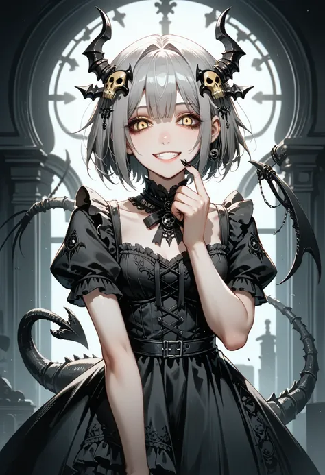 a girl with a black scorpion tail. black carapace. gothic dress. her one hand becomes a scorpion's claw. gray hair. short hair. ...