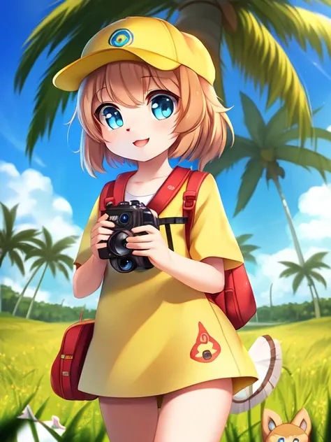  anime girl with a  (((yellow backpack))) And ((( Four dogs in a field with coconut trees ))), (((( blue eyes girl )))), (((The girl wears a cap))),  cute detailed digital art ,  adorable digital painting , ((((Camera in front of character )))), artwork in...