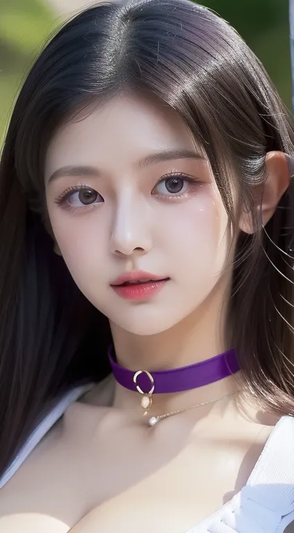 perfect figure beautiful woman：1.4，Layered Hair Style，Protruding cleavage，top two-dimensional clothing：1.5，Highly Detailed Face and Skin Textur，double eyelid，Whiten the skin，white long hair，playing water，Collar, purple lilac eyes, bambi eyes