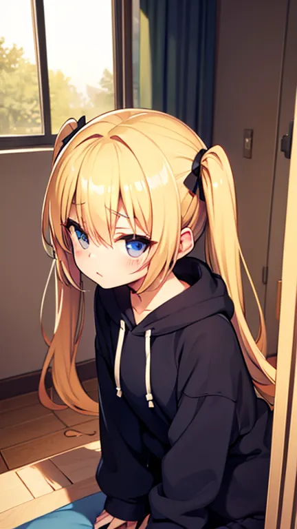 a small-breasted girl relaxing in her room completely naked and wearing a baggy hoodie、blonde、 twin tails、prone、looking away、che...