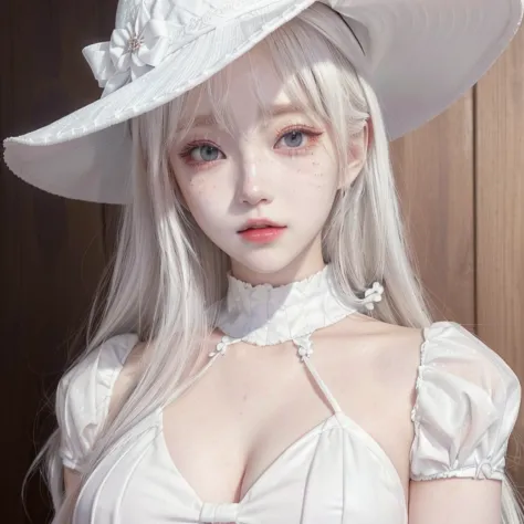 anime girl with white hat and white dress posing for camera, anime visual of a young woman, griffith, today's featured anime sti...