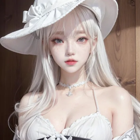 anime girl with white hat and white dress posing for camera, anime visual of a young woman, griffith, today's featured anime sti...