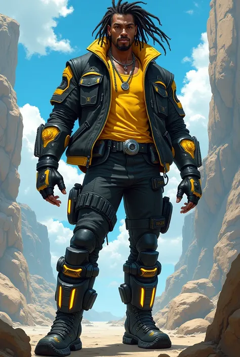 A muscular African man, medium length dreadlocks, black and glowing yellow futuristic jacket, yellow tank top, black combat pants, black and yellow futuristic rocket boots, silver necklace, black fingerless gloves, anime-style, Eddie Hunter