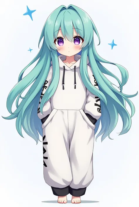 Create a shy character ,  with long hair and turquoise color , purple eyes with star-shaped pupils,  long clothes like a closed white hoodie with black details, long pants like the jacket and in the gacha style 