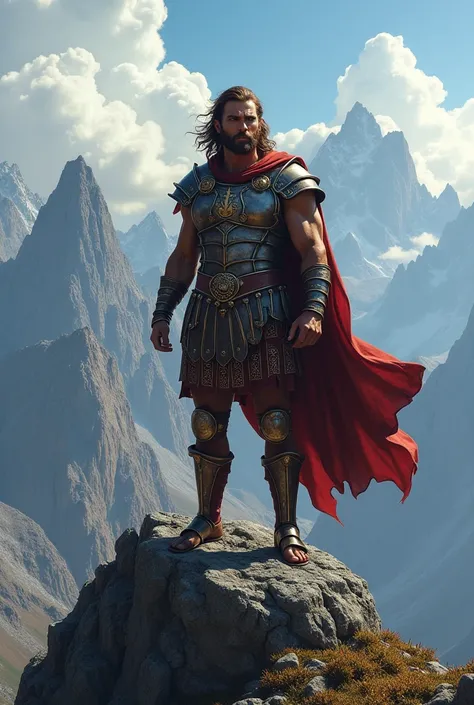 Make a warrior on top of a mountain with brown hair, blue eyes and wavy hair with Roman armor