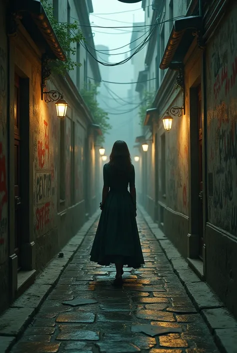  retro style ，A mysterious alley full of European style ， The graffiti on the wall is full of mysterious symbols ， A woman in a long retro dress walks slowly