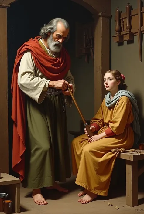 oil painting,  Saint Joseph in a standing carpenter teaching carpentry to the  Jesus, Our Lady is seated on a wooden bench next to 
