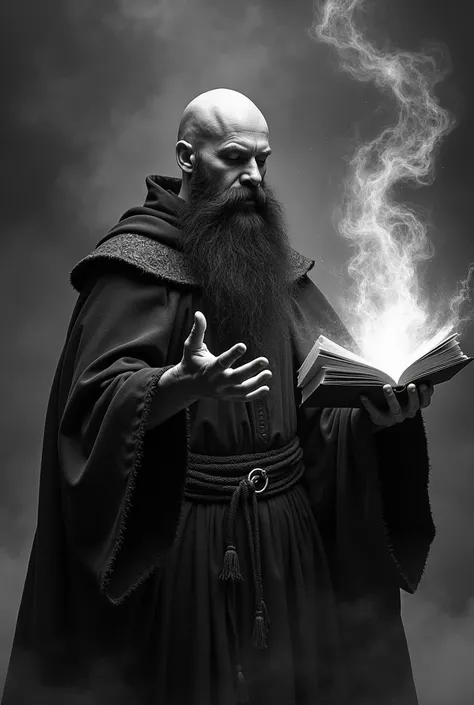 a black and white image, Of a bald, black-bearded wizard , with her face closed ,  with a flying book in his left hand and magic in his right hand