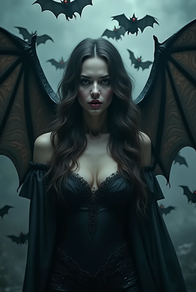 Naked vampire covering herself with bats