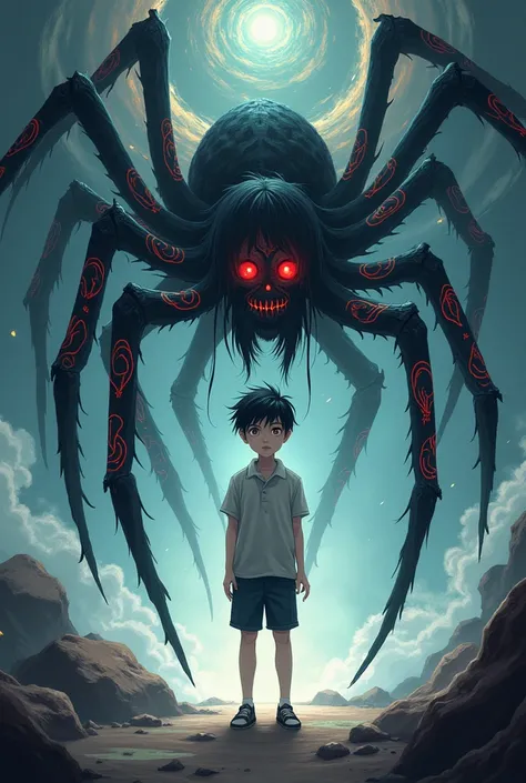 Boy who was found by a Yōkai spider and made a package with it to live in purgatory and hell and have the power of Yōkai anime style image of the boy the Yōkai in human form with the appearance of a 