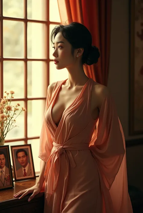 Japanese widow dressed in an elegant, flowing garment that features super open cleavage, beautifully accentuating her curves. She stands gracefully by a window, with soft, golden light streaming in, illuminating her figure and creating a warm, inviting atm...