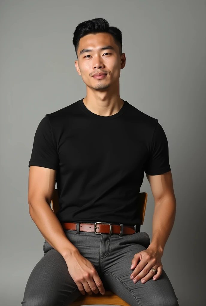  Portrait of a handsome Asian man 30 years old , with slicked back hair ,wearing a black t-shirt,brown belt ,Gray formal pants , the man is sitting on a wooden chair with a plain background photo studio