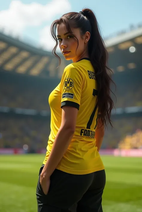 Hot woman in a Dortmund shirt with cargo pants and a big ass from behind in a stadium 