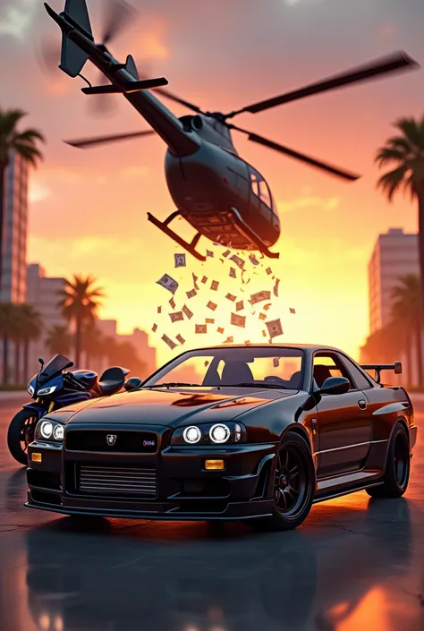 Make a helicopter throwing money and an r34 skyline in a BMW S1000 near sunset