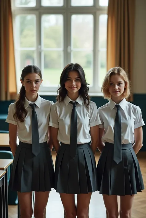 Realistic high-angle photo from above of three slim pretty 16-year-old Caucasian women kneeling in a British classroom. One has light-brown hair in a pony-tail, one has dark hair in a short bob, one has mid-length strawberry-blonde hair. They are all weari...