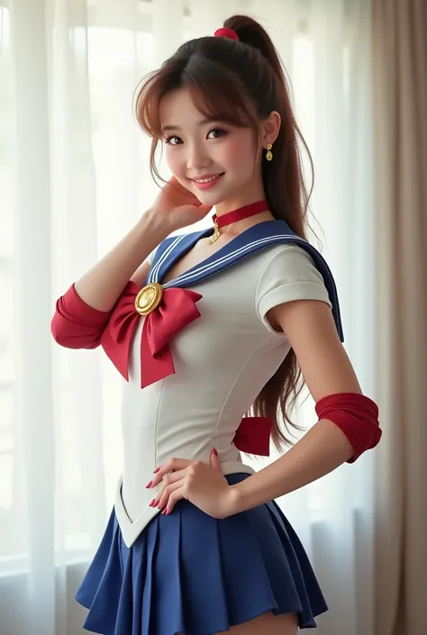 ((Realistic portrait photo)) High-quality Realistic of thai woman, Beautiful girl (((large breast , big breast , nsfw))) , Best Quality, 20 years old thai girl with long brown hair, Beautiful thai teen in a sailor moon uniform ((Realistic portrait photo))(...