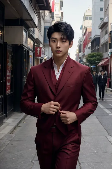 Full photo of a young Korean man, 20 years old, light skin and short black hair, muscular, inspired by the actor Lee Jun-ho, parading in the streets dressed in a red suit looking at the camera, facing the ultra-realistic image, camera view , the walk of a ...