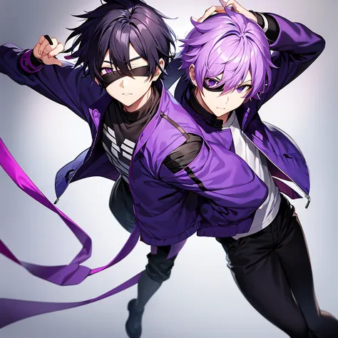 generate an anime-style boy blindfolded with black bandages, purple hair,  dressed in a purple jacket and with black pants