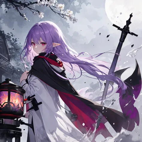       high quality, masterpiece, Delicate hair,    Delicate Eyes   , Delicate hair, ((masterpiece, 最      high quality)),       high quality, masterpiece, Delicate hair,    girl  ,( Purple Hair)),((red eyes)), Daikon,Long Hair,Elf Ears,(   Black Longsword ...