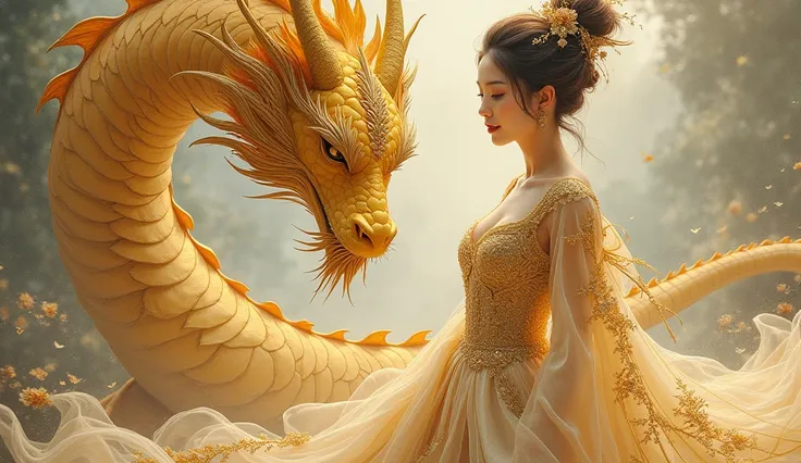 ((Best Quality)), ((masterpiece)), (  Details),  sexy,
Draw a golden dragon and Princess Seoritsu facing the front with an old-fashioned drawing