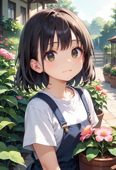    score_9,    score_8_up,    score_7_up, sauce_Anime, masterpiece,   absurd,    perfect face, Alone cute expression,    perfect face, Ponsuke P     ,    1 girl, Alone,   Black Hair  ,     dark brown eyes , Bright Eyes, Cleft lip, , cute, garden, day, flow...