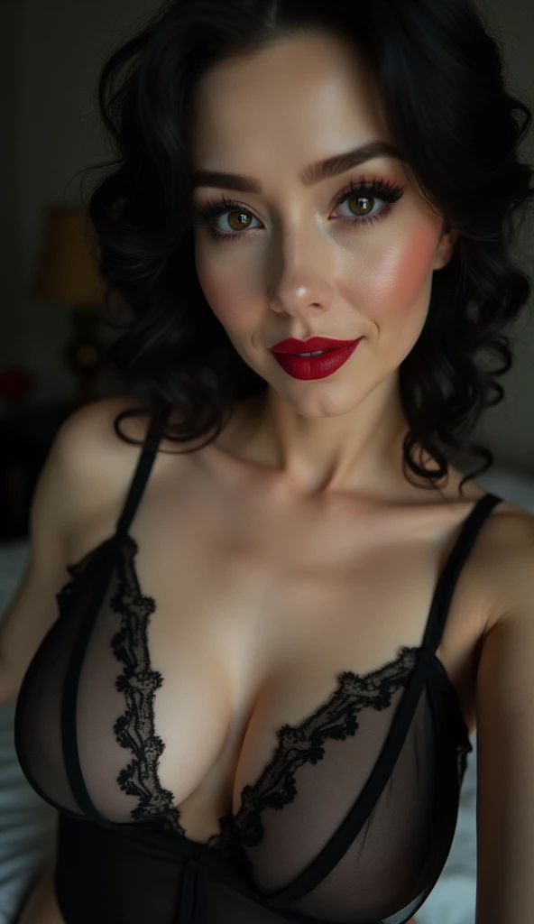 A sultry shot from below, POV-style. The camera frames the evil stepmothers alluring face, beauty a calculated trap. Her smile, a lecherous curve of lips, is aimed directly at me, passion burning in sleepy, droopy eyes that convey longing. Reflective black...