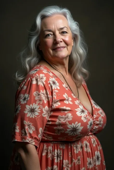 a real photo of a beautiful older grandmothermother with humongous breasts, (thin body), pleasant smile, vibrant flare skirt shirtwaist dress, long gray hair, realistic profile view, looking directly at the camera, her breasts are ginormous, bulging, well-...