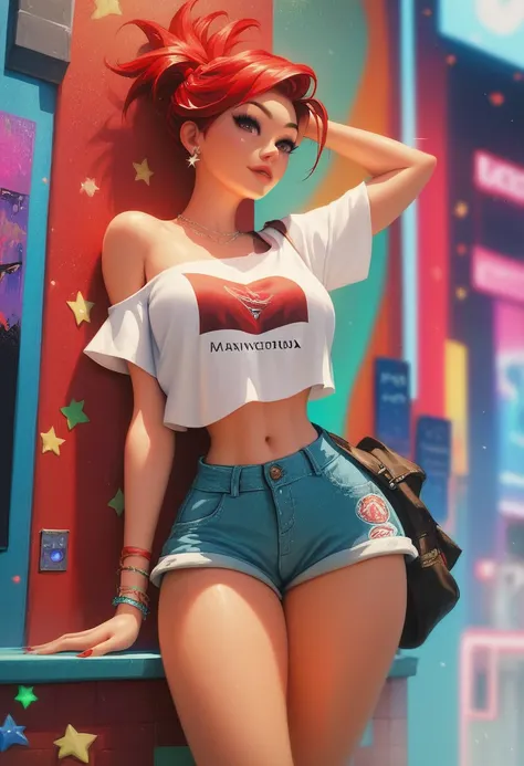 ( best quality, masterpiece:1.2),  red hair,  perfect body ,  thin waist,  big boobs, off-the-shoulder printed t-shirt, Shorts de ioga branco, beco, vibrant