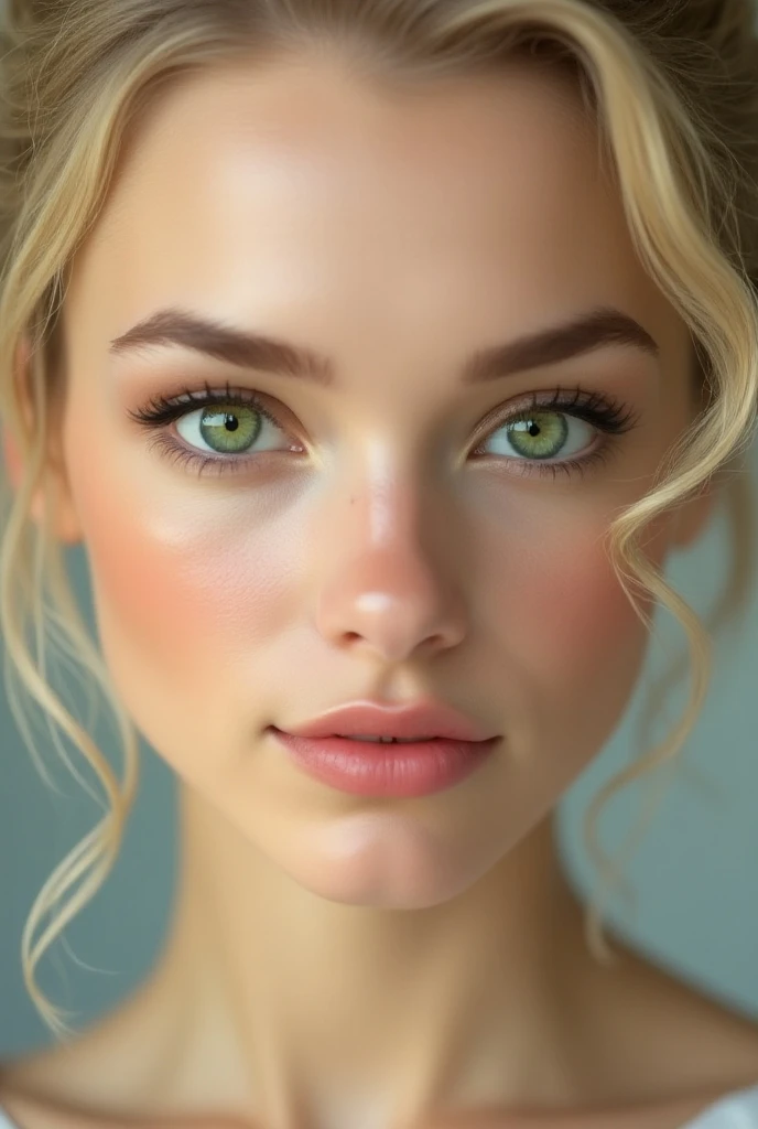 (photorealism:1.2), beautiful blonde woman, striking green eyes, close up face picture, hair in elegant updo 