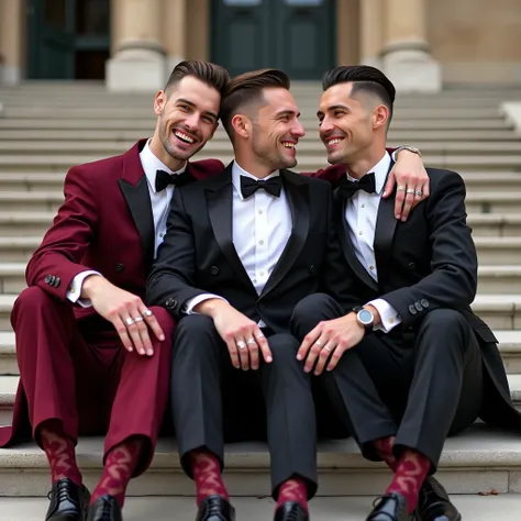 full body view, three different High-end white european dapper gay guys, dapper fine undercut haircuts, same inflated siliconed huge lips, same turned-up very tiny redone noses, wearing finest dapper colored suits and details, finest elegant shoes, finest ...