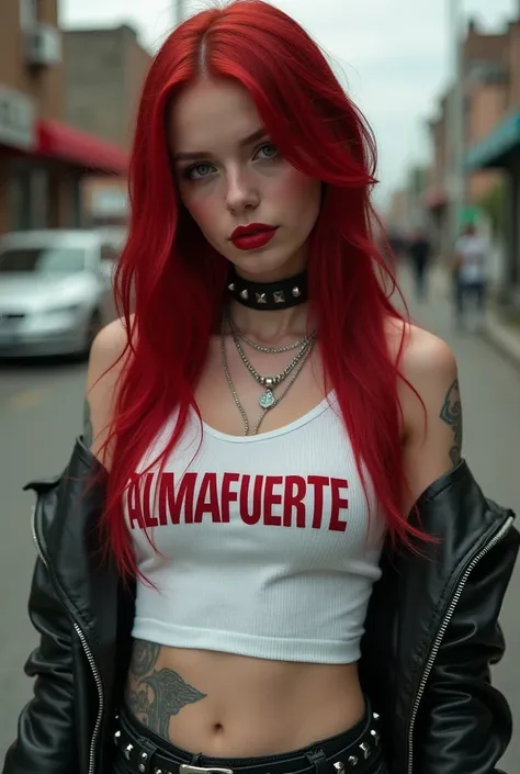 young woman, round face, dark red lips, long straight ruby red hair,pale skin, emerald green eyes, blushing cheeks she wears a white top with the word "ALMAFUERTE" written on it, silver layered necklaces, visible tattoos, Leather shorts adorned with studde...