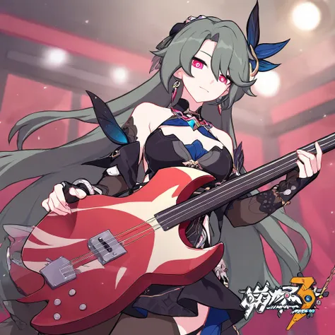 ( best quality)), ((masterpiece)),Vita （Honkai Impact 3）、 plays bass guitar。