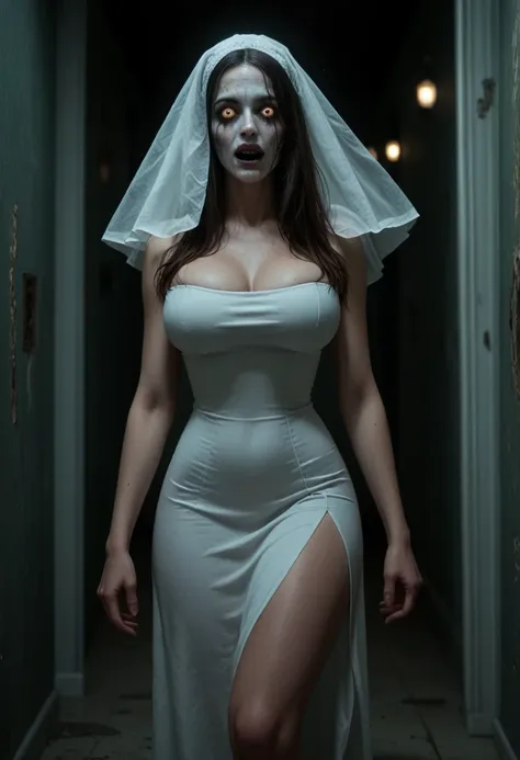 subtly censor  ,  image suitable for the public . ambiente macabro, horror scene.  supersexy woman wearing a ghost costume  .  a...