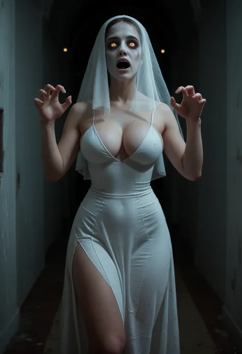 subtly censor  ,  image suitable for the public . ambiente macabro, horror scene.  supersexy woman wearing a ghost costume  .  a...