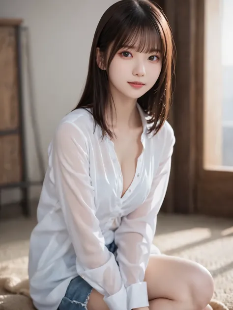 white shirt 、complex and beautiful eyes、woman、 womanらしい黒髪、(delicate and realistic hair、１realistic hair)、bangs、 naturally colored...