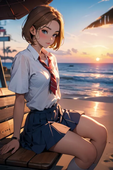 8K, masterpiece, absurdres, intricate details, best quality, 1girl, sitting on bench, brown hair, short hair, cute eyes, school uniform, sunset, beach