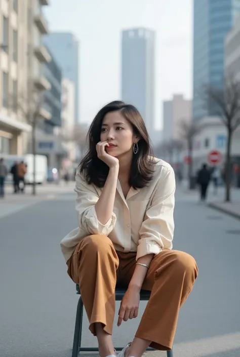 a 60 year old woman wearing casual outfit sitting in the middle of the road, city skyline in the background