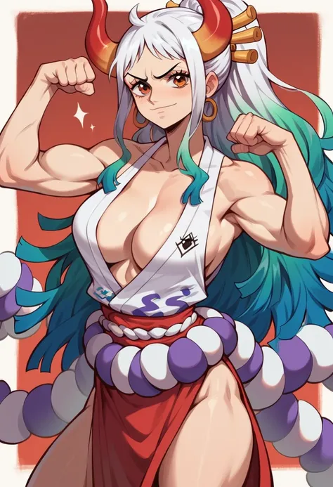 28 yo woman,  fit and curvy, yamato from one piece,  confident and kind, flexing one arm, huge boobs, strong arms, ample cleavag...