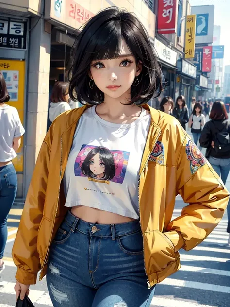 (masterpiece, best quality), beautiful woman, cute printed cropped shirt, jacket, jeans, short wavy hair, headband, asymmetrical...