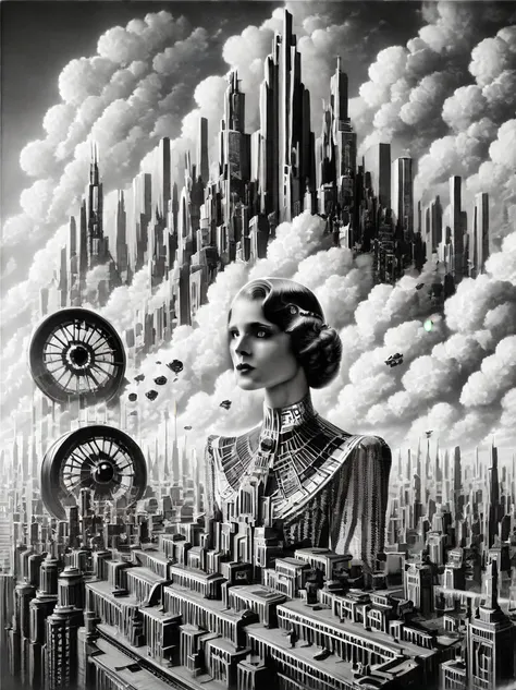 a traveler in a futuristic landscape, art deco architecture, expressionist style, 1920s fashion, black and white, detailed facia...