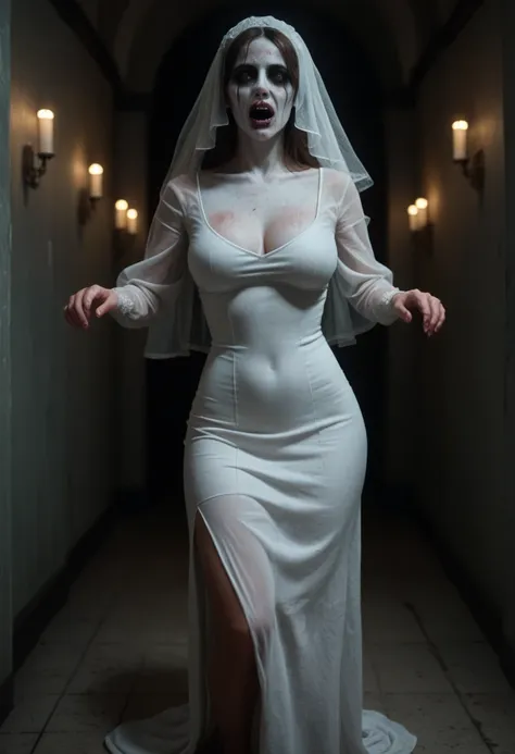 subtly censor  ,  image suitable for the public . ambiente macabro, horror scene.  supersexy woman wearing a ghost costume  .  a...