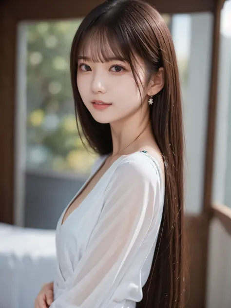 white shirt 、complex and beautiful eyes、woman、 womanらしい黒髪、(delicate and realistic hair、１realistic hair)、bangs、 naturally colored...