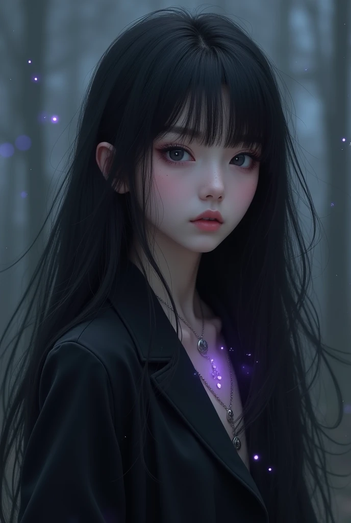  Make a 22 year old girl with long black hair and bangs with the aegyo salt something pale purple ,   somewhat dark with small little spots and a mole under the eye with a round nose with slanted eyes and black eyes with a thick lower lip with slightly thi...