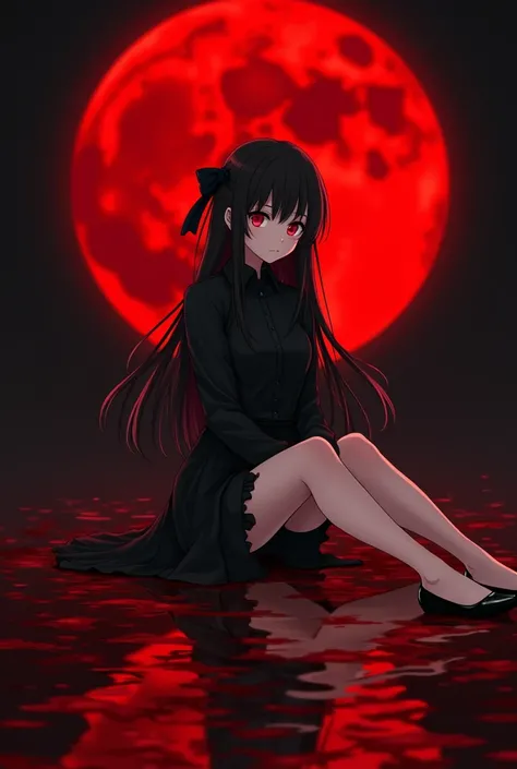 highly detailed, full-body anime female character, long black hair with a black bow at the back, fair skin, red eyes, smiling, black shirt, black skirt, black high heels, 1.78m tall, sitting in a dark black sea of blood, red moon in the background, youthfu...