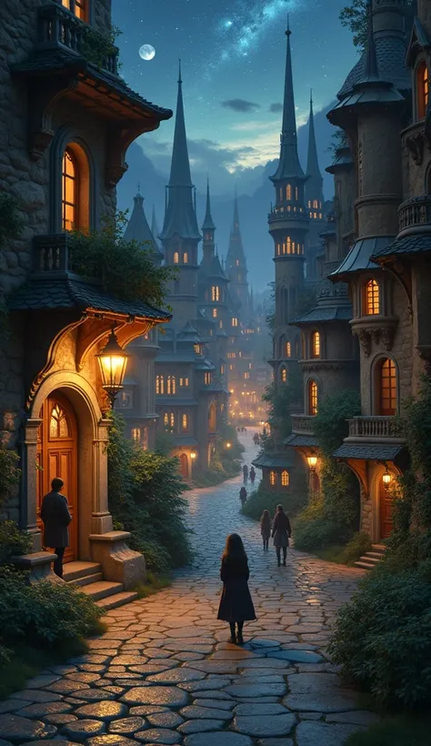 A magical alleyway in a fantastical city, starry night, whimsical architecture, art by Greg Rutkowski and Albert Bierstadt.