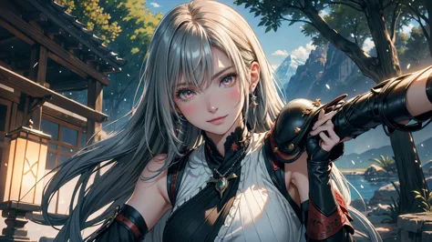 fantasy anime landscape portrait: a high-resolution anime-style scene featuring a beautiful 22-year-old female warrior, confiden...