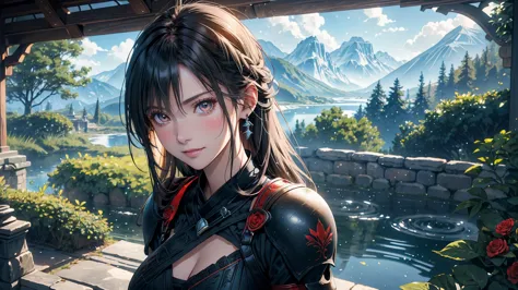 fantasy anime landscape portrait: a high-resolution anime-style scene featuring a beautiful 22-year-old female warrior, confiden...