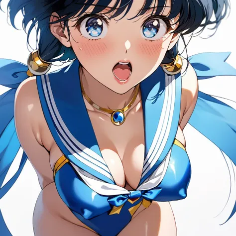 masterpiece, Best Quality, High resolution,16k,official art,super detailed skin,detailed,animated painting,(Sailor mercury:1.5),1990s (style),(E-cup beautiful breasts)、 (tall:1.2),height: 175cm,Fashion model body type、clevage,Sexy long legs, blue hair,shor...