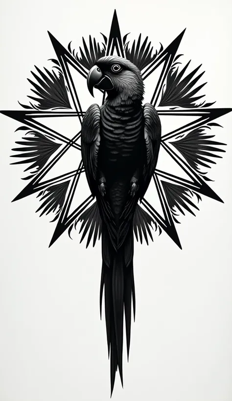 Bottomless black traces of a blue-black macaw in the center of an eight-pointed star, without backgrounds or details , all black and white